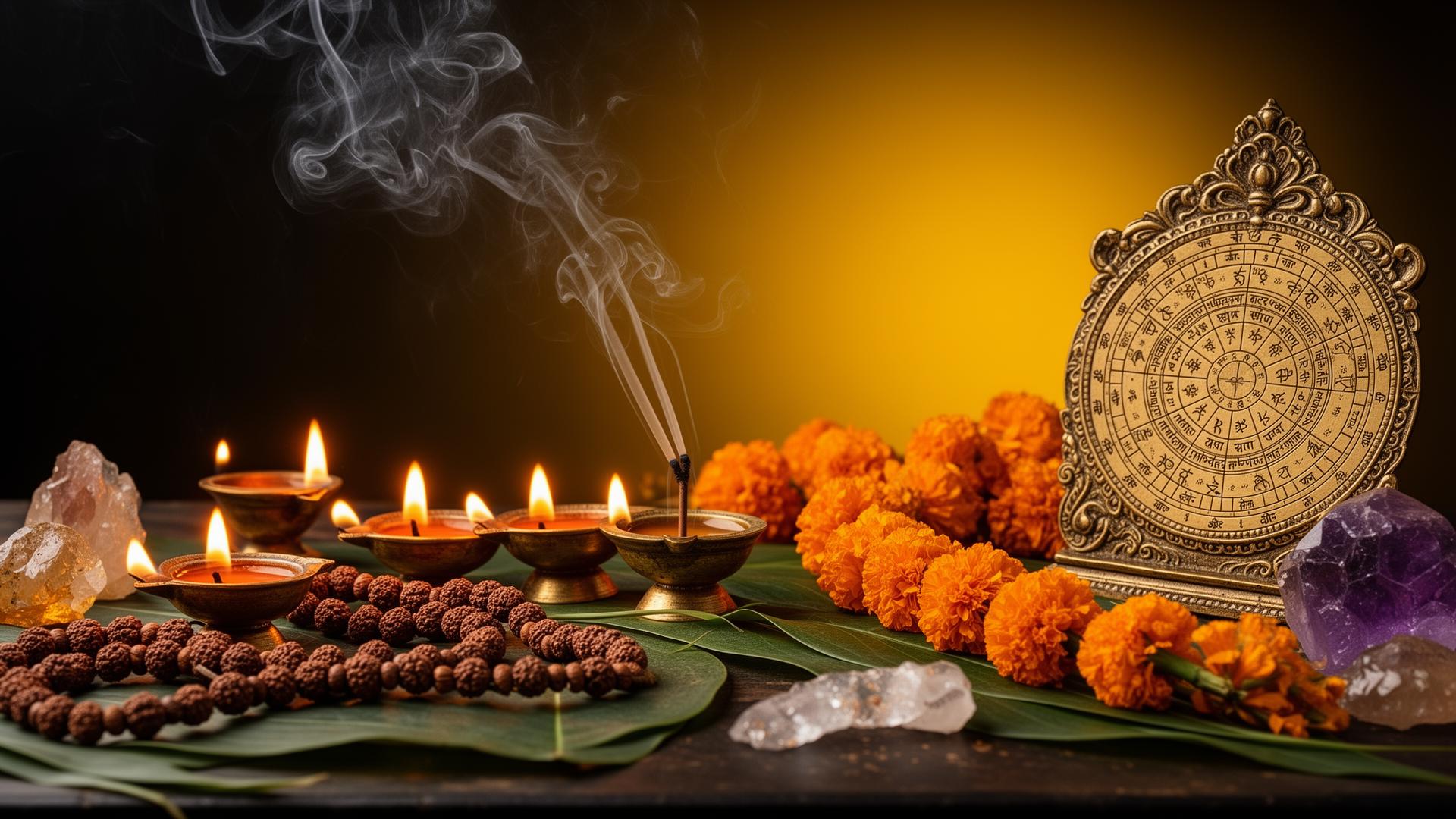 Indian spiritual astrology room with brass diya oil lamps, rudraksha mala, marigold garlands and a Vedic astrology chart bathed in warm saffron light